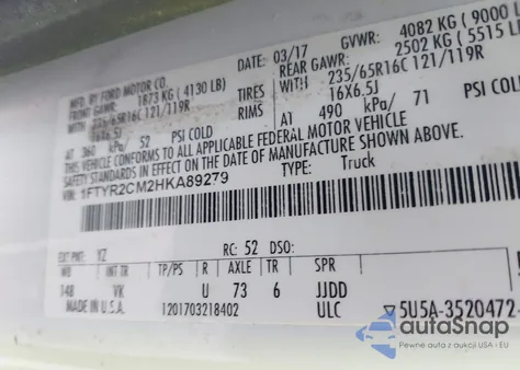 2017 Ford Transit-250 z USA, uszkodzony, nr VIN 1FTYR2CM2HKA89279